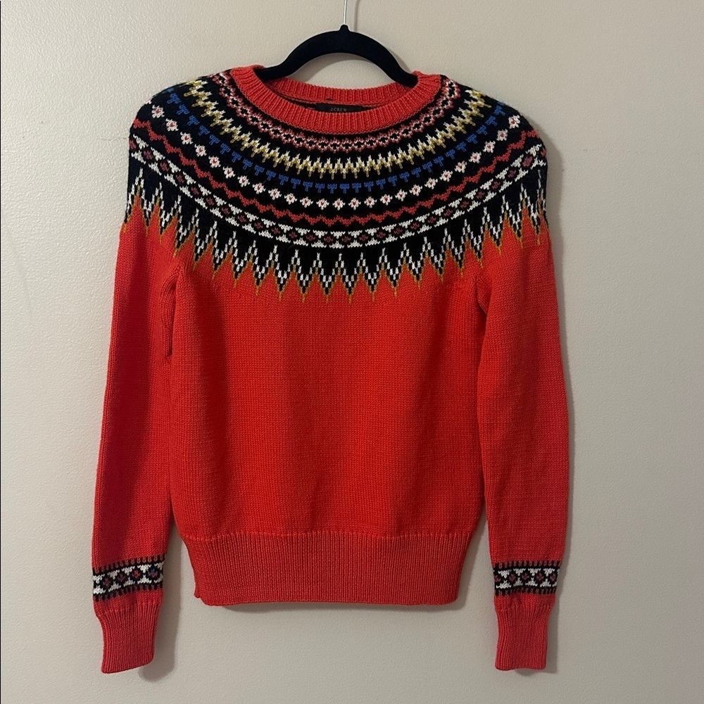 J. Crew Womens Fair Isle Wool Blend Red Crew Neck Sweater Sz Small Preppy